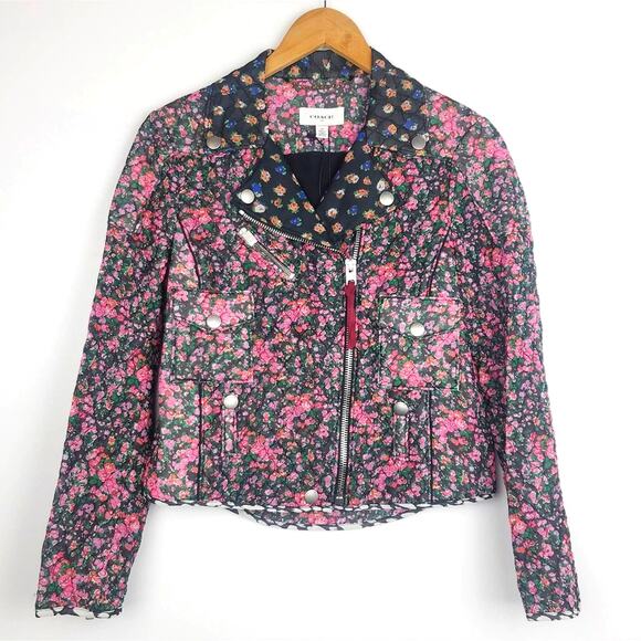 Coach | Quilted Chiffon Floral Moto Jacket Pink Green XS - Picture 1 of 8
